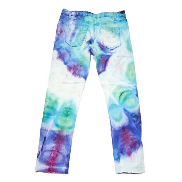 Upcycled custom ice dye spiral Black Orchid raw hem cropped jeans size 27 - Picture 2 of 16